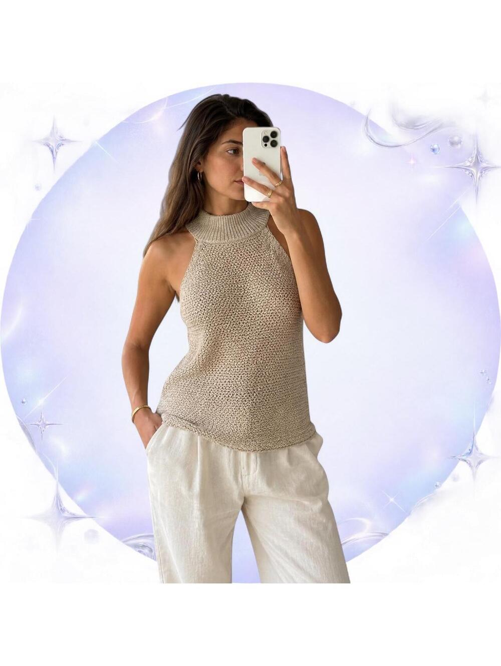 NWT Zara Oatmeal Linen-Blend High-Neck Knit Top Size Large